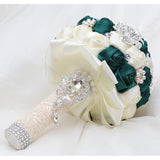 7.9 Inch Handmade Satin Rose Bridal Bouquet Toss Round Wedding Bouquet Throw Toss Artificial Flower Bunch Deep Green + Ivory