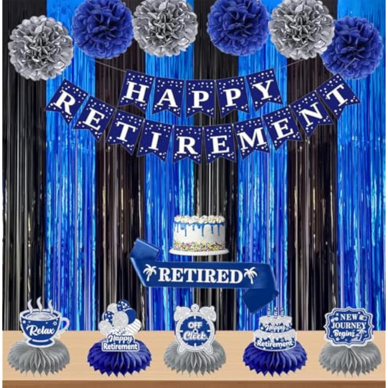2 Pack 3.3x6.6ft Black & Blue Metallic Tinsel Backdrop Curtains for Parties & Events