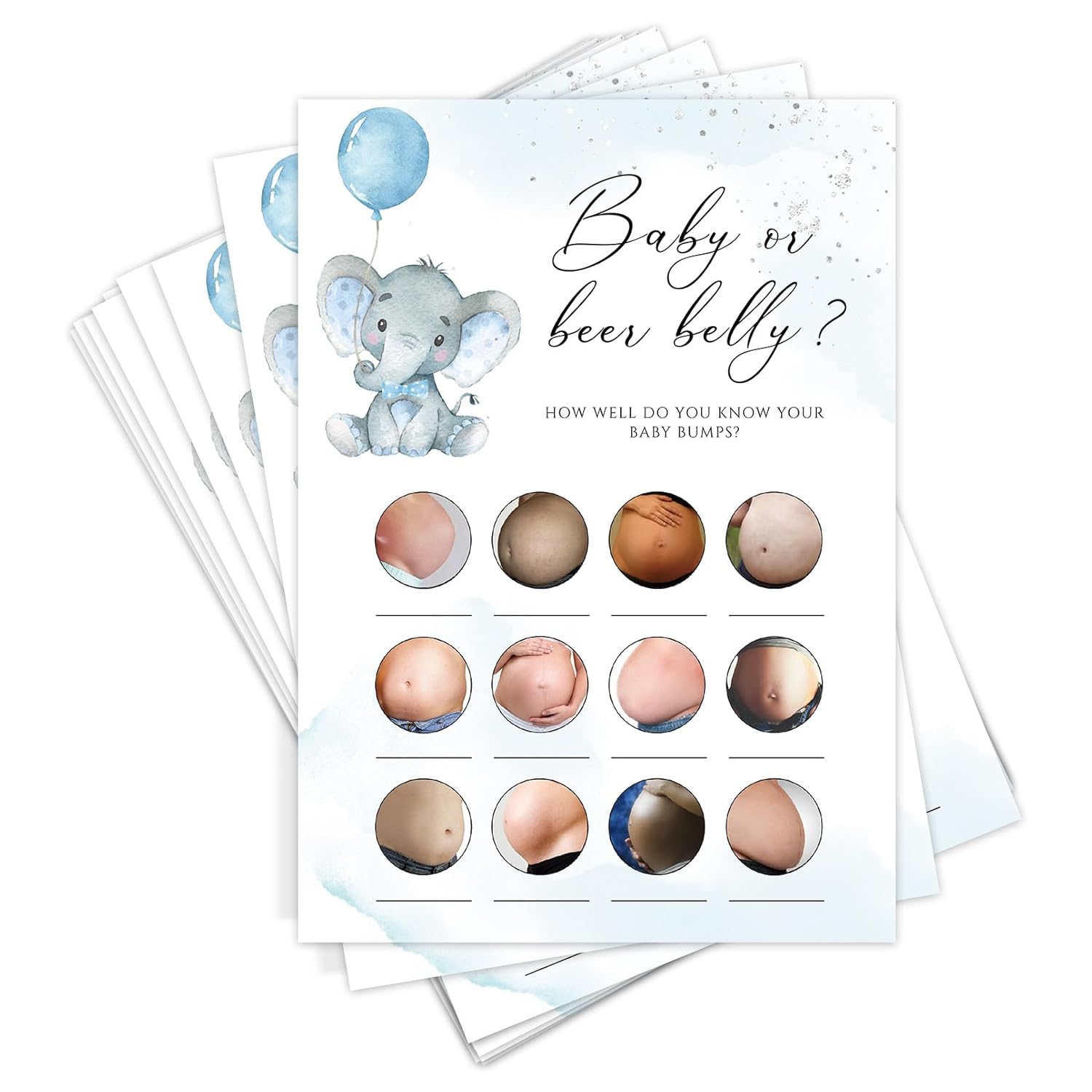 30 Baby Shower Games Card - Beer Belly Or Pregnant Bump Game Cards - Fun Baby Shower Games Activity For Boy Or Girl - Gender Neutral - Elephant Theme