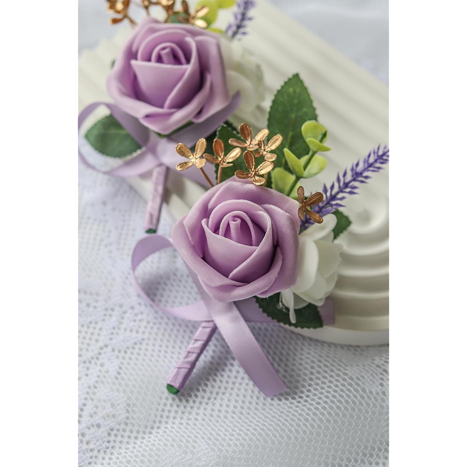 6Pcs Purple Lavender Boutonniere For Men, Lilac Boutonniere Pins For Men Groomsmen Guest Boutonniere, Artificial Flowers For Wedding Decor Prom Homecoming