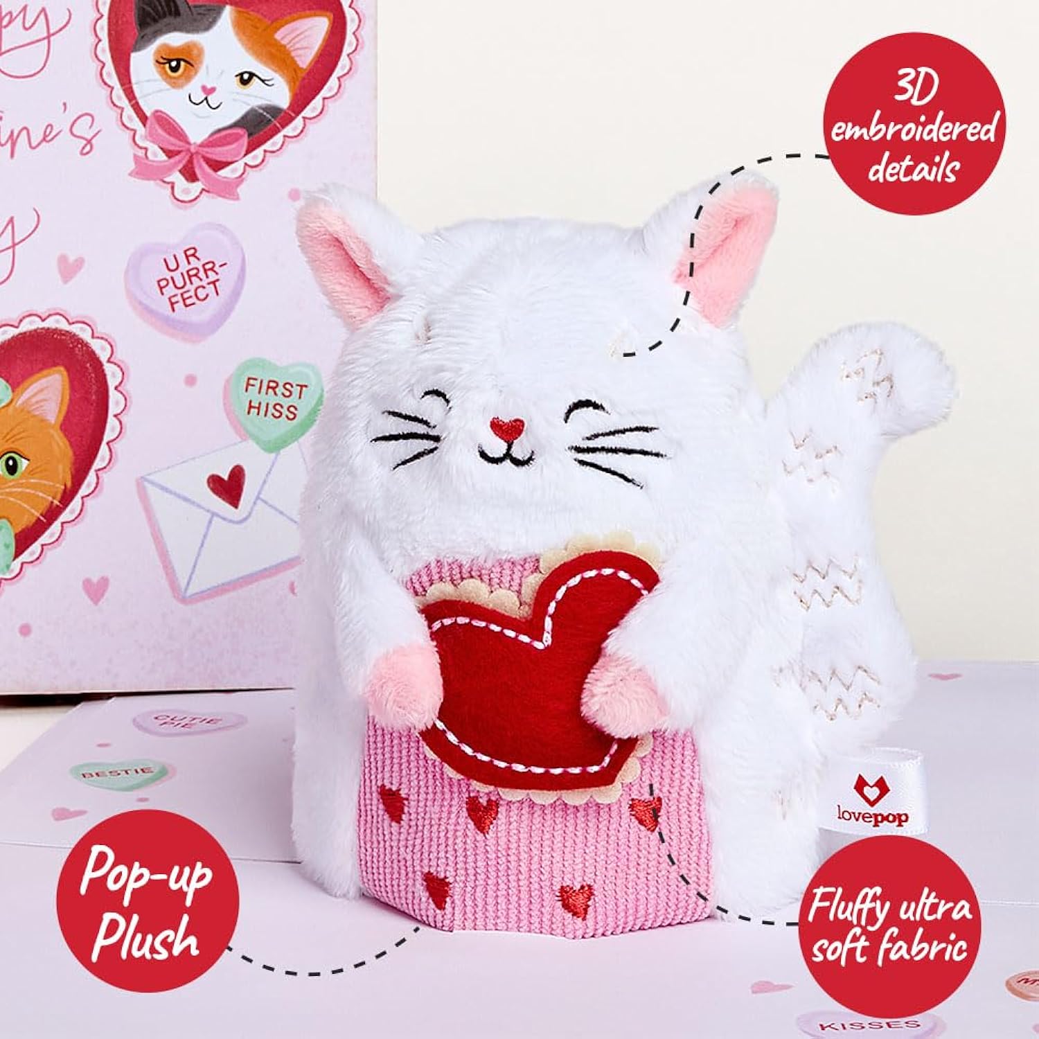 Plushpop Soft Animal Pop-Up Card For Her And Him - 3D Happy Valentine Greeting Card For Boys, Girls, Men, Women - Love Cat - 6" X 8" Card