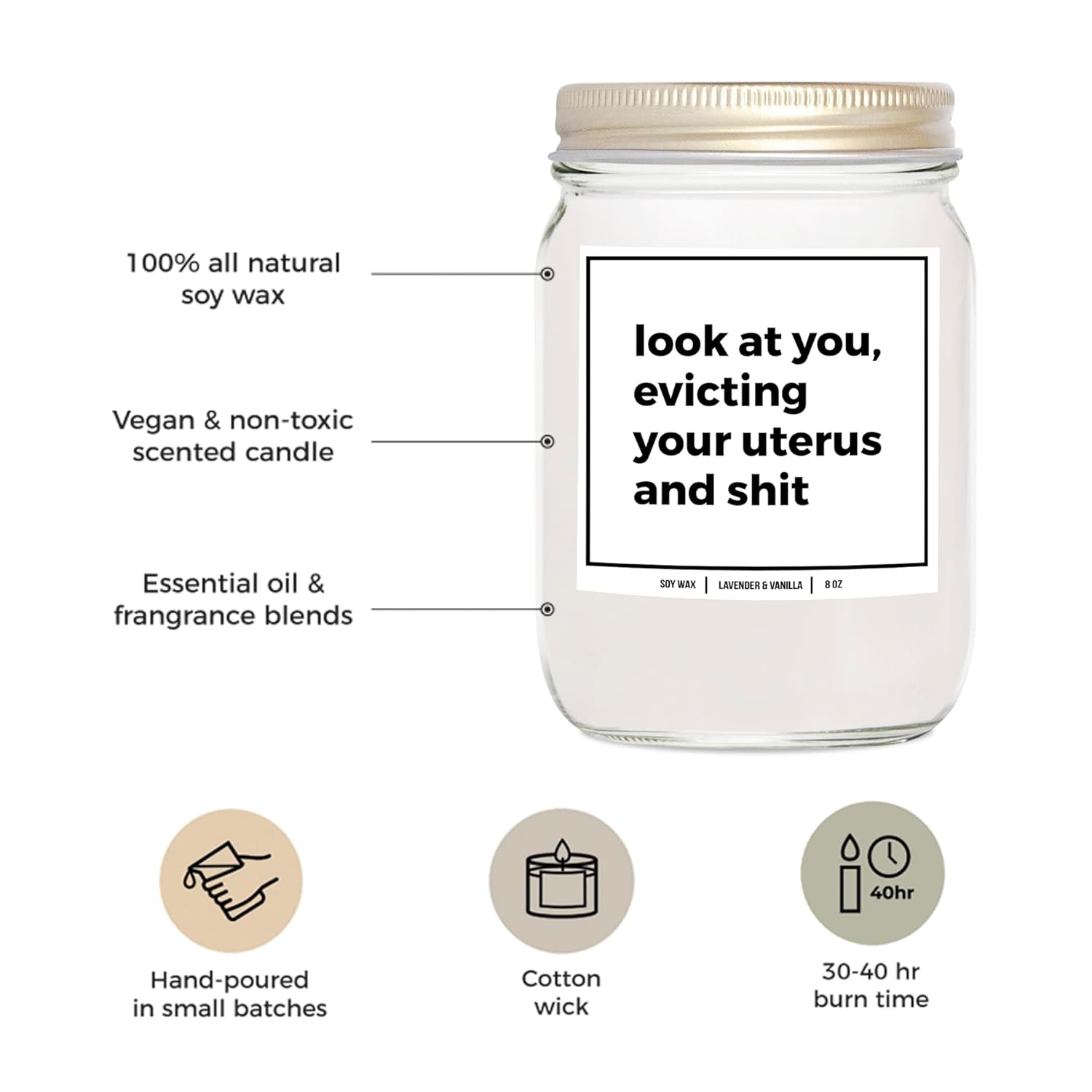 You Nique Designs Look At You Evicting Your Uterus Soy Candle 8Oz - Hysterectomy Gifts - Post Surgery, After Surgery Gifts For Women, Mom, Sister, Friend (Lavender & Vanilla)