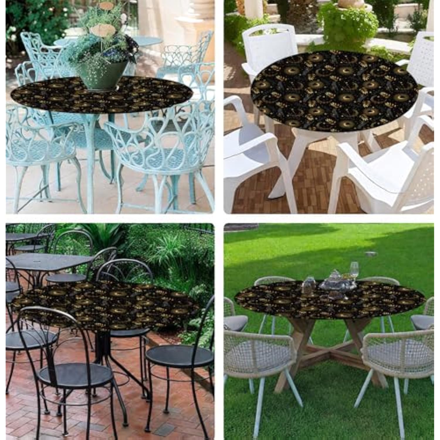 Celestial Black Gold Round Tablecloth 36-44 Inch Mystical Washable Decor