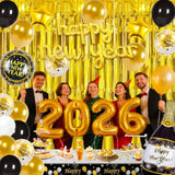 2026 New Year’s Eve Party Supplies Gold Black Balloons Banner Foil Curtains