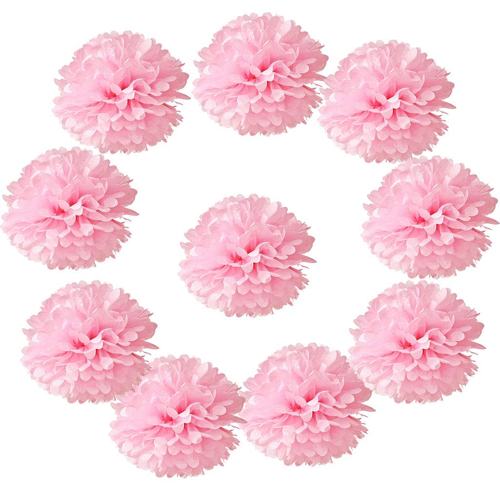 10pcs Tissue Hanging Paper Pom-poms Flower Ball Wedding Party Outdoor Decoration, Premium Tissue Paper Pom Pom Flowers Craft Kit(Pink)
