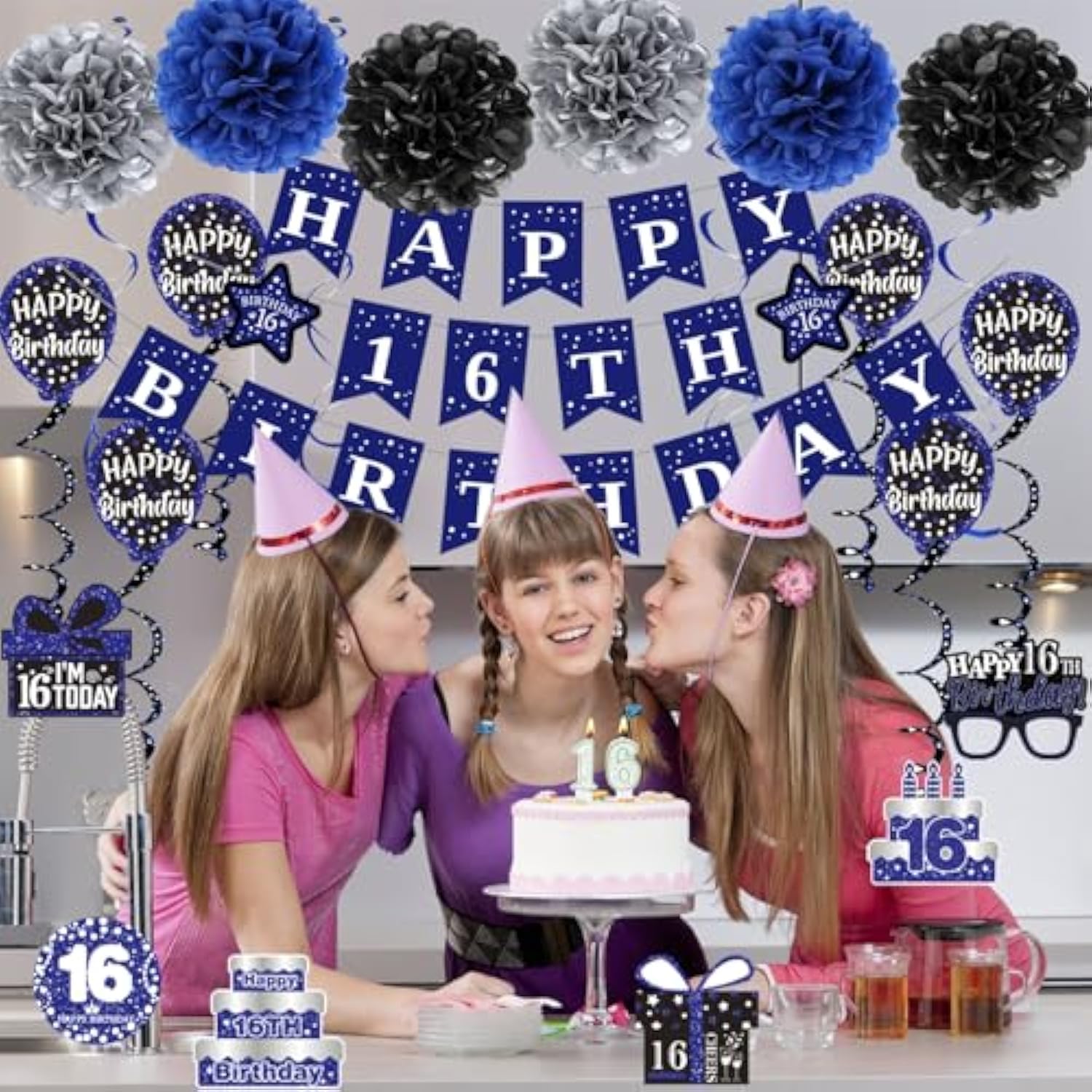 16Th Birthday Decorations For Boys Girls, Blue Happy 16Th Birthday Banner Party Decorations, Sixteen Birthday Supplies Decor Double-Sided Card Pompoms Hanging Swirl For 16 Years Teenagers Gifts 45Pcs
