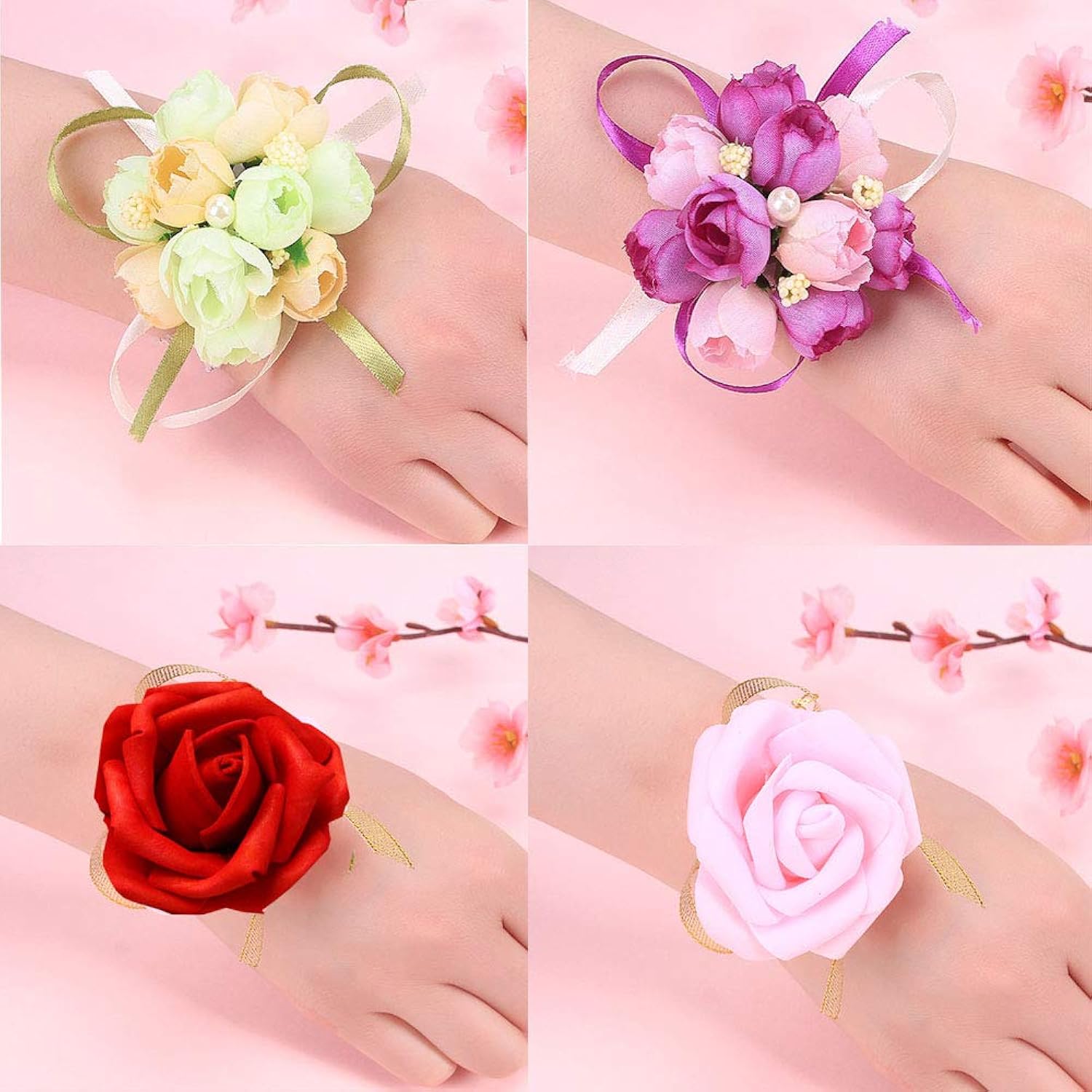 4 Pack Wrist Flower Wristband Girl Bridesmaid Bride Decoration Using Artificial Flowers Lily Rose Champagne Purple Pink Wedding Party Festival Celebrations Wrist Ribbon