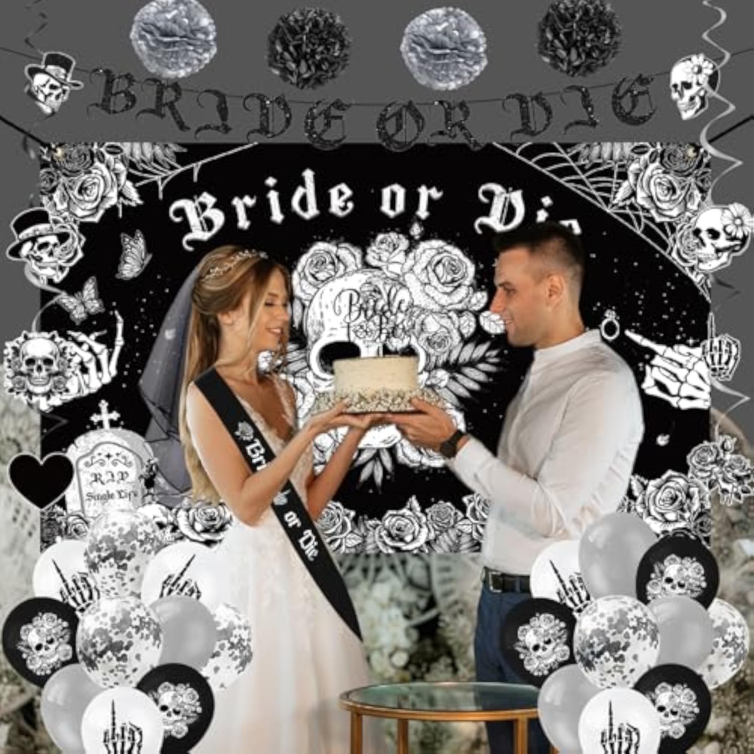 Bride Or Die Bachelorette Party Decorations, 35Pcs Black Bride To Be Banner Balloons Sash Veil Hanging Swirls Cake Topper Kit, Till Death Do Us Decorations For Bridal Shower Wedding Party