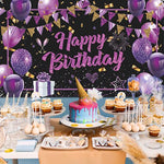 Purple Happy Birthday Banner - Black Gold Party Decorations Large Sign Shiny Backdrop Photo Booth Background For Women Girls 71 X 44 Inch