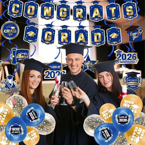 Graduation Decorations 2026 Blue Gold Themed Set - Congrats Grad Banner, Class of 2026 Backdrop, Balloons & Streamers Kit - Complete Party Supplies for High School & College Celebrations