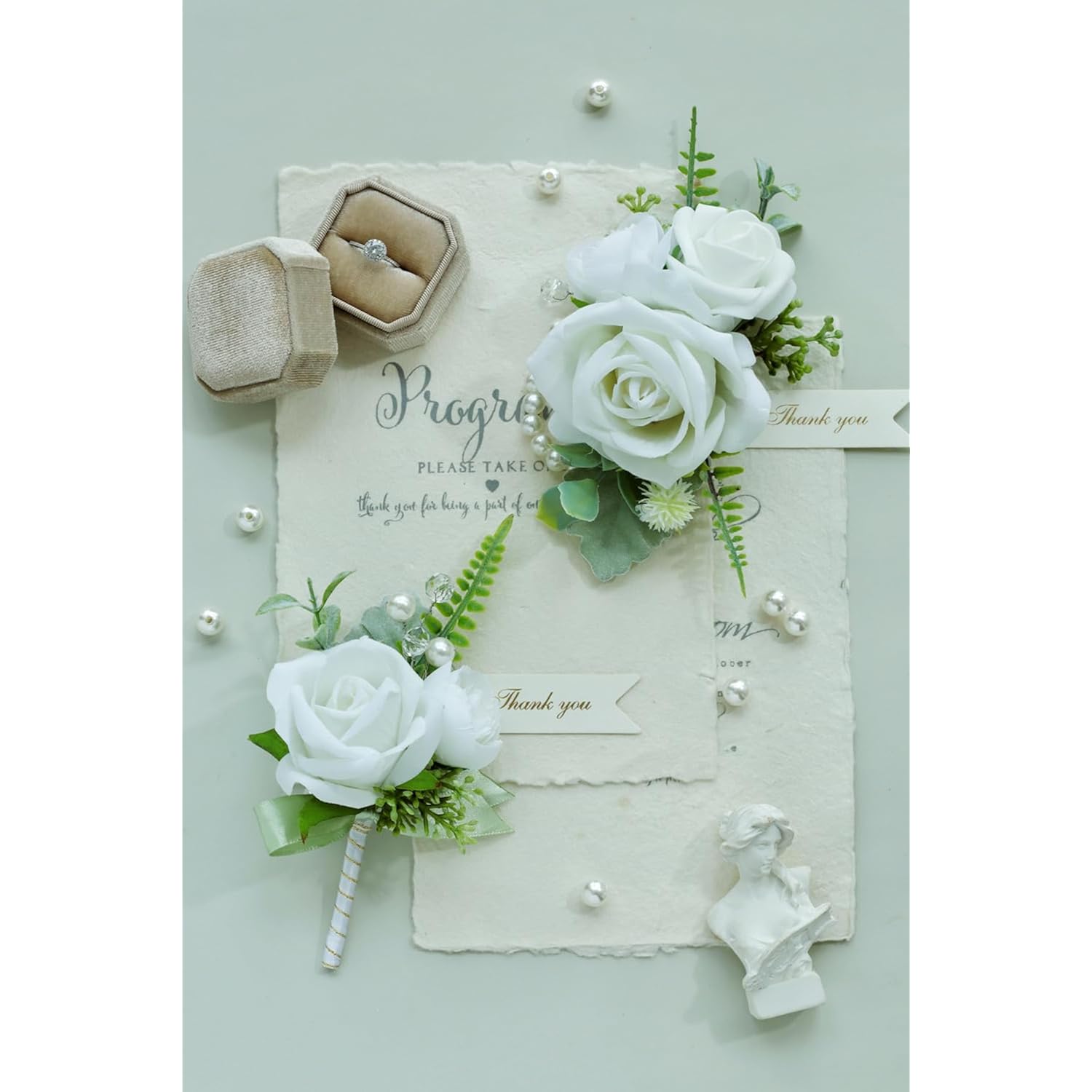 White Green Corsage And Boutonniere Set, Prom Wedding Homecoming Wrist Corsage Wristlet And Boutonniere Set For Grooms Groomsmen Guest Bridal Bridesmaid Artificial Flower Suit Decoration