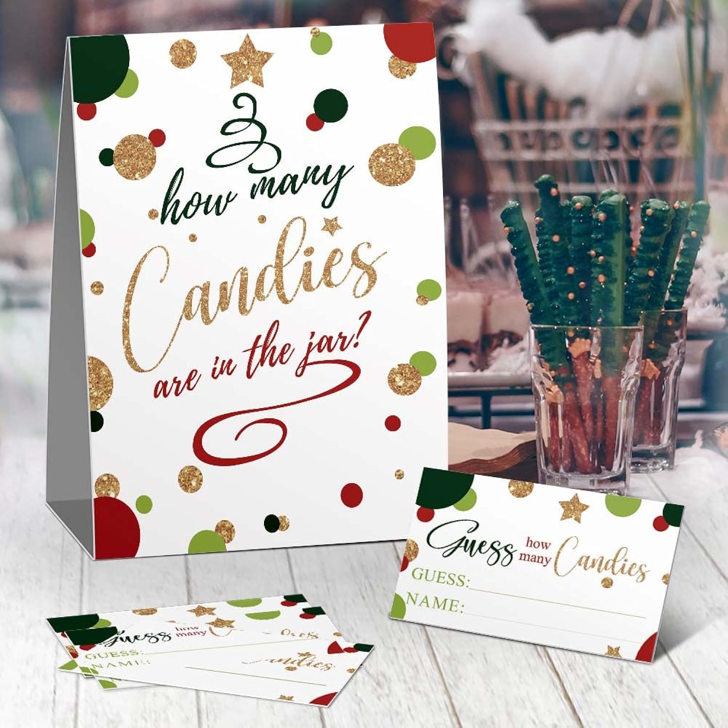 Guess How Many Candies Are In The Jar Christmas Kit (1 Standing Sign + 50 Guessing Cards), Christmas Gold Red Green Baby Shower, Bridal Shower Decoration, Christmas Game Insert Ticket