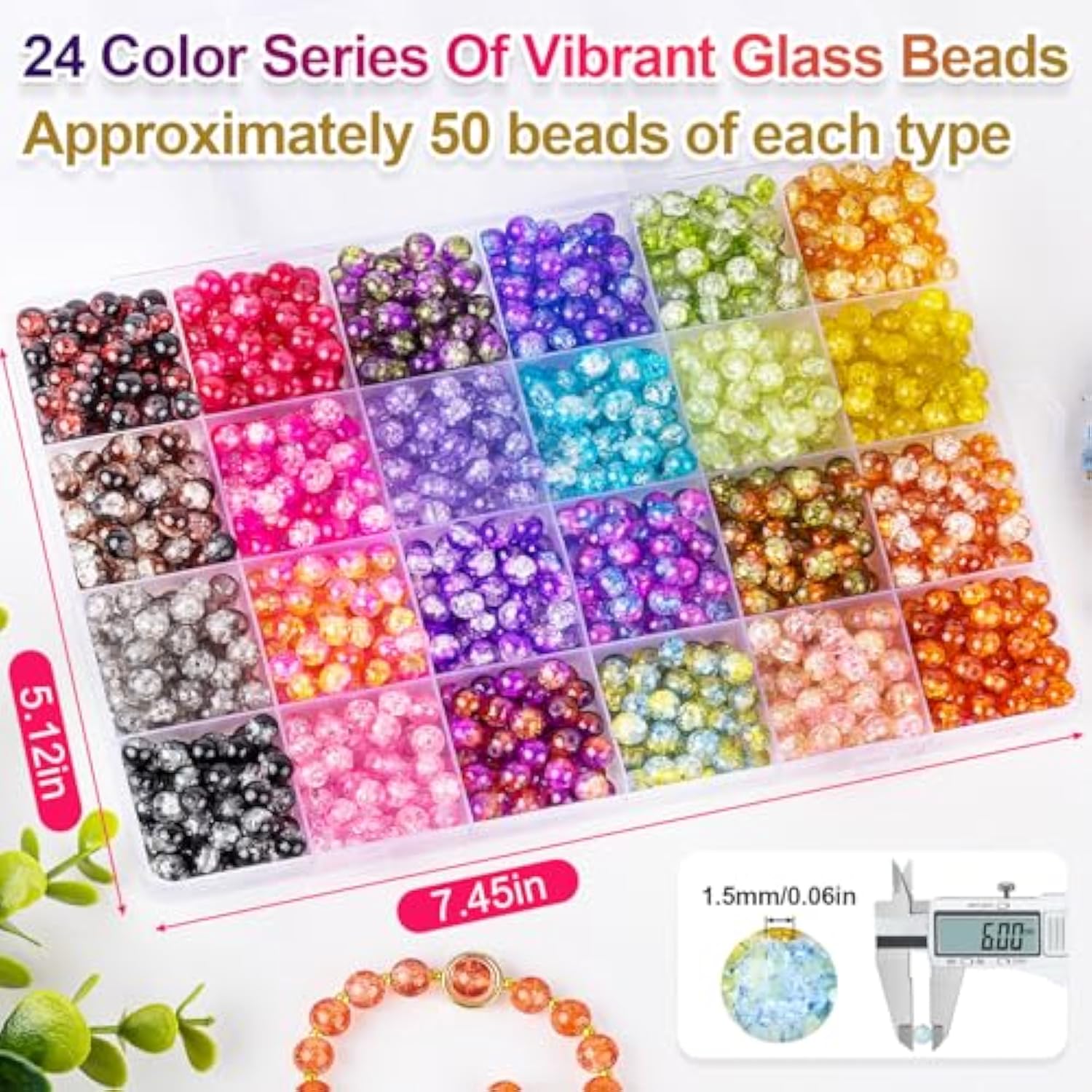 1200PCS 6mm Crack Glass Beads – 24 Colors for Jewelry & Bracelet Making