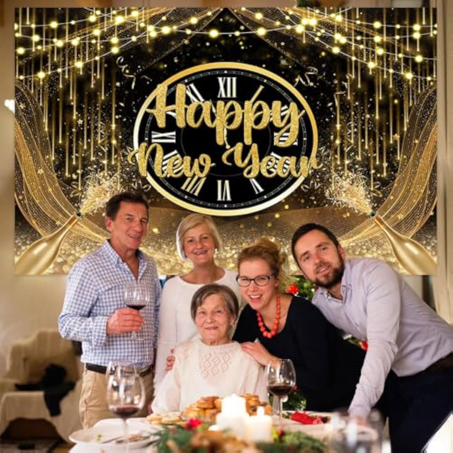 7x5ft Happy New Year 2026 Backdrop Black & Gold Glitter Party Banner