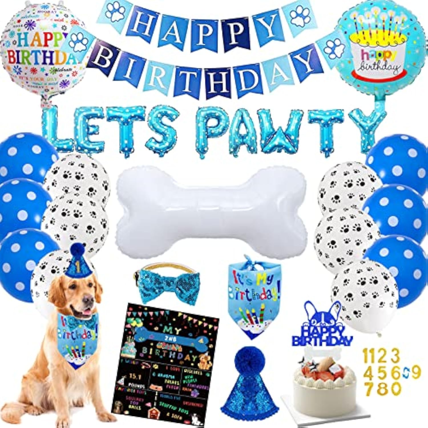 Boy Dog Birthday Party Decoration Set: Hat, Bandana, Bowtie, Banner, Balloons