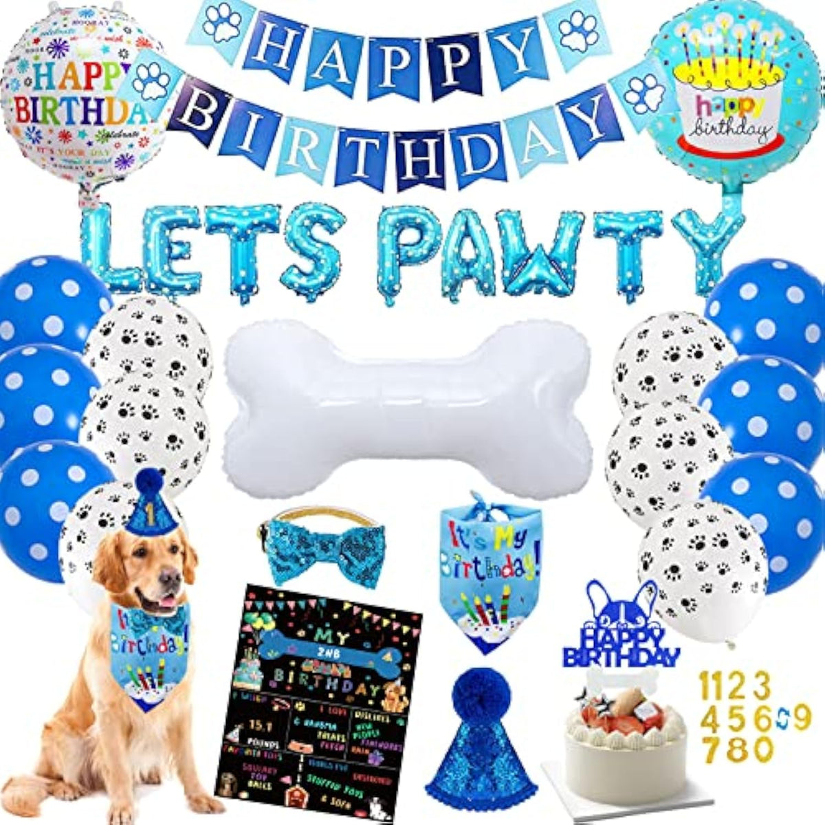 Boy Dog Birthday Party Decoration Set: Hat, Bandana, Bowtie, Banner, Balloons