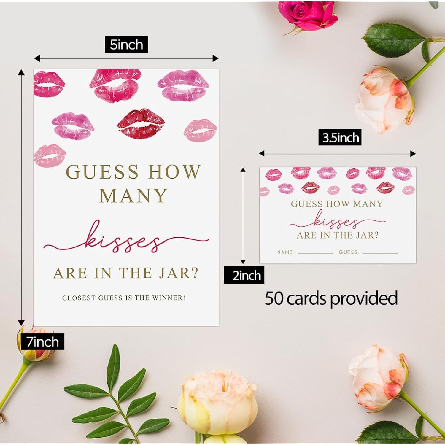 How Many Kisses Bridal Shower Game (1 Sign + 50 Cards), Pink Bridal Shower Games, Bachelorette Guessing Game, Kisses In The Jar Sign,Valentine'S Bridal Party Sign -Ghmk08