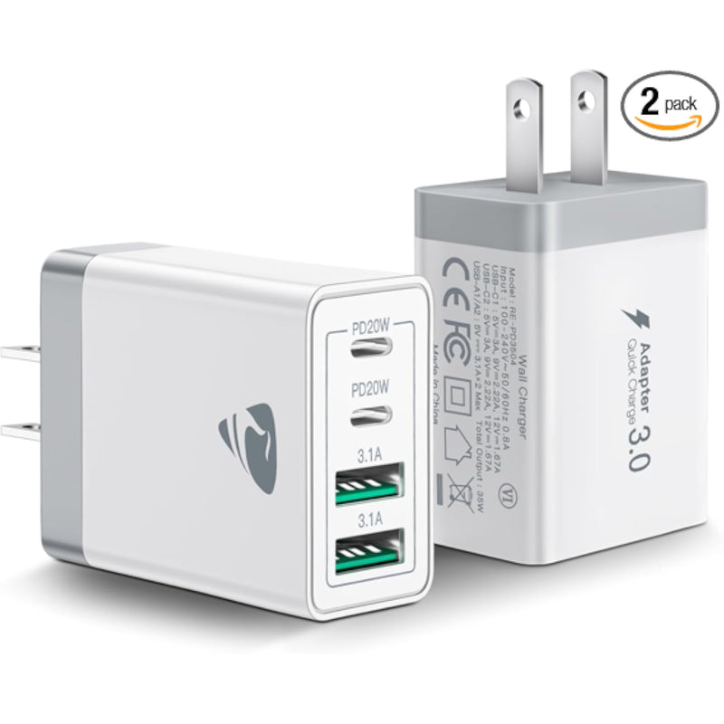 [2-Pack] 40W USB C Wall Charger, 4-Port PD+QC Block for iPhone & Samsung