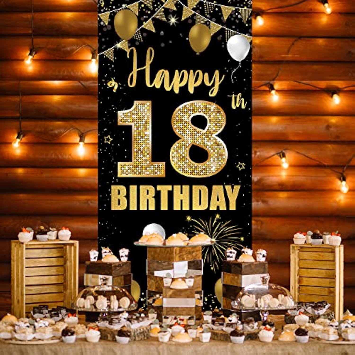 18Th Birthday Door Banner Backdrop, Happy 18Th Birthday Decorations For Girls Boys Black Gold, 18 Years Old Birthday Party Photo Props Yard Sign For Outdoor Indoor, Sturdy,