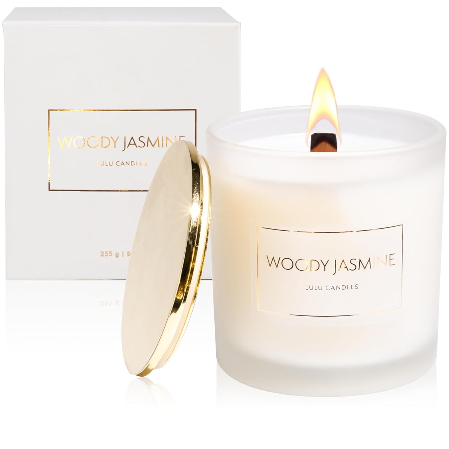 | Woody Jasmine | Smells Floral & Smokey | Scent Notes: Jasmine, Sandalwood & Oud | Luxury Scented Soy Jar Candle | Hand Poured In The Usa | Highly Scented (9 Oz. Wood Wick With Gold Lid)