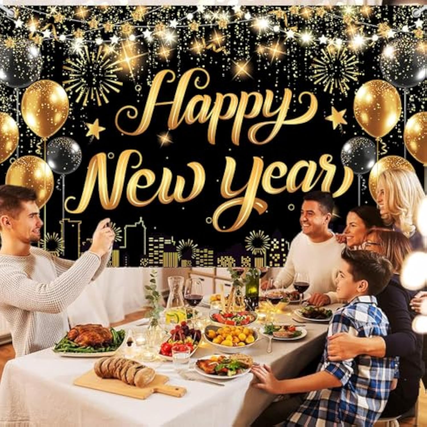 Happy New Year 2026 Large Black Gold Banner 72x44in Party Decor