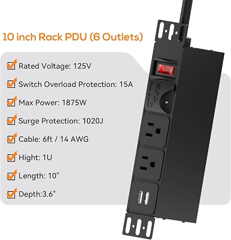 10 inch Rack PDU 1U Surge Protected Power Distribution Unit with 6 Outlets and 14AWG Cord