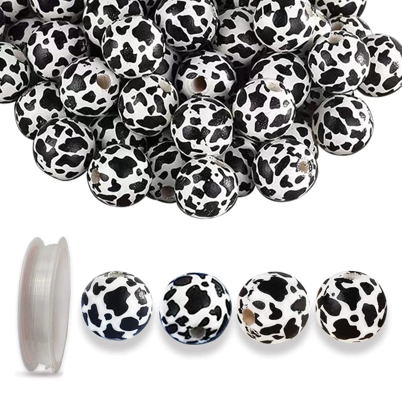 100 Pcs Cow Pattern Wooden Beads 16Mm Polished Black White Wood Beads Natural