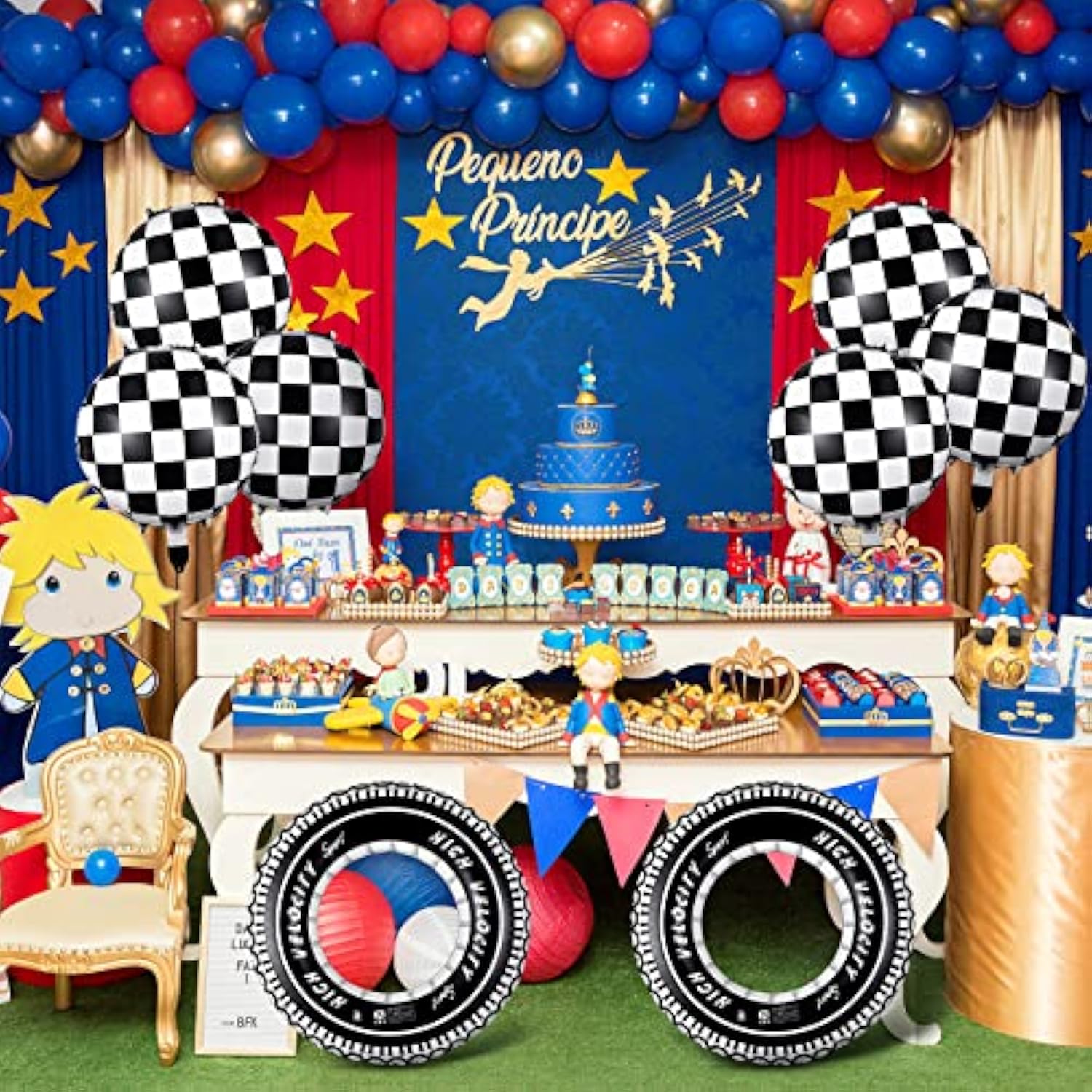 Race Car Party Decor Set: Checkered Balloons & Inflatable Tire Floats