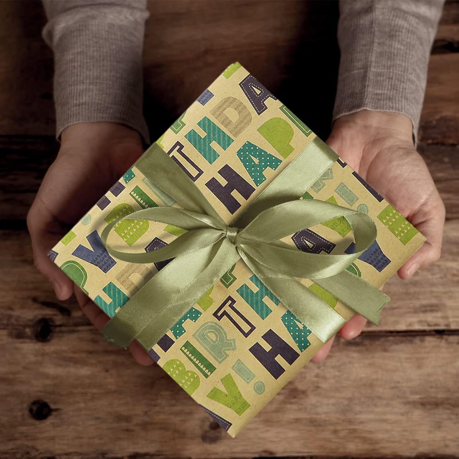 Happy Birthday Green Wrapping Paper For Men Women Boys Girls Kids,Gift Wrap, 20 X 28 Inches Per Sheet (6 Sheets: 23 Sq. Ft. Ttl.) Brown Recycled Kraft Folded Paper For Baby Shower Daddy All Birthday Occasions