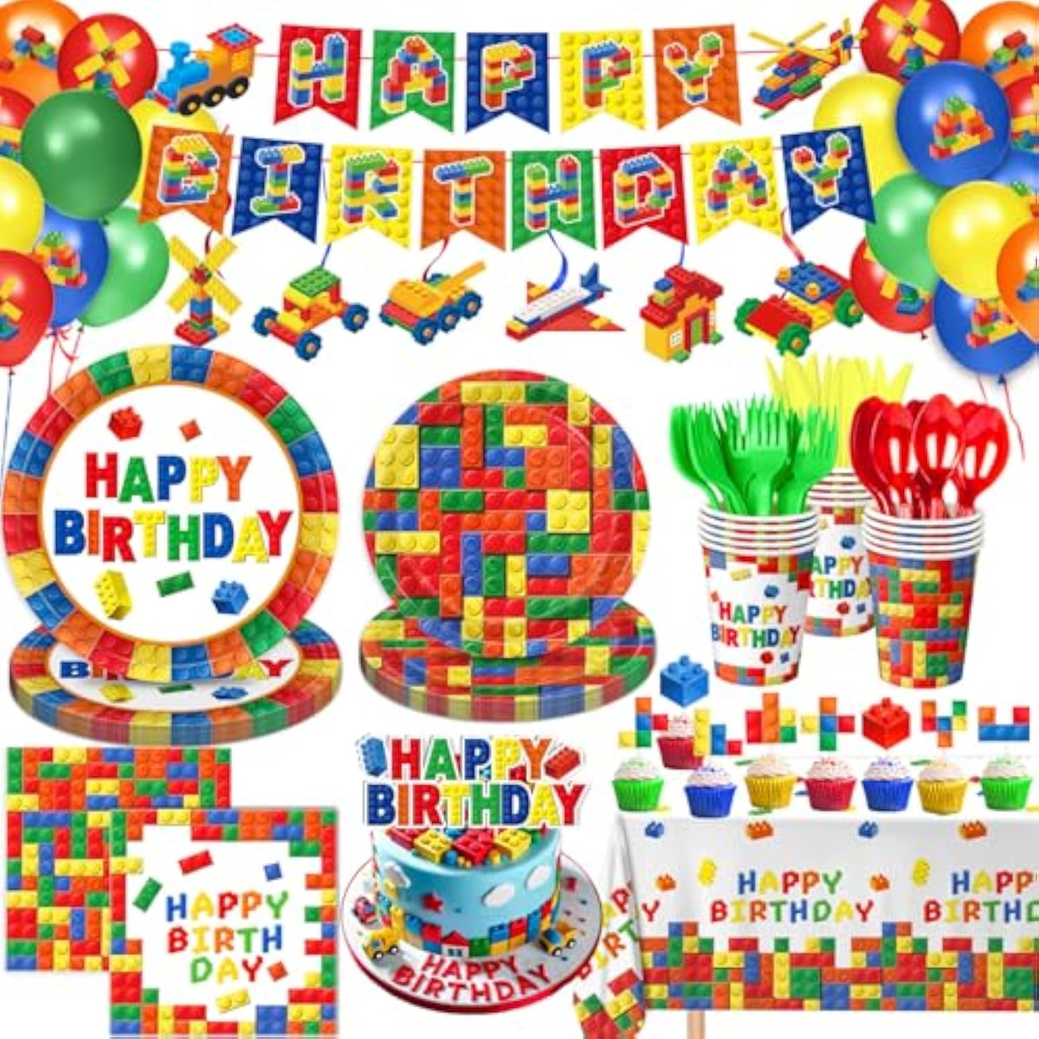 173 Pcs Building Block Birthday Party Decorations - Plates, Napkins, Cups, Cutlery, Cake & Cupcake Toppers, Banner, Hanging Swirls, Tablecloth, Balloons For Boys' Kids' Birthday Party, Serves 20