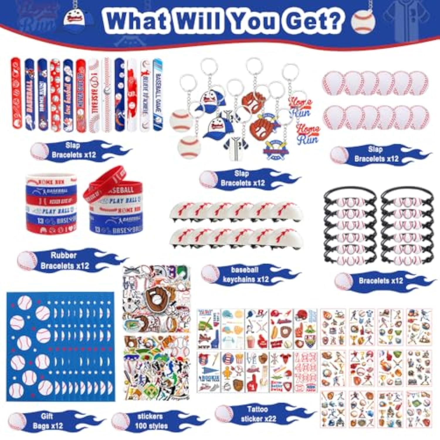 Baseball Party Favors,206Pcs Baseball Goodie Bags With Mini Stress Balls, Keychains, Tattoos, Stickers For Baseball Party Decorations Supplies Sport Themed Birthday Party, Classroom Reward, Kids Event
