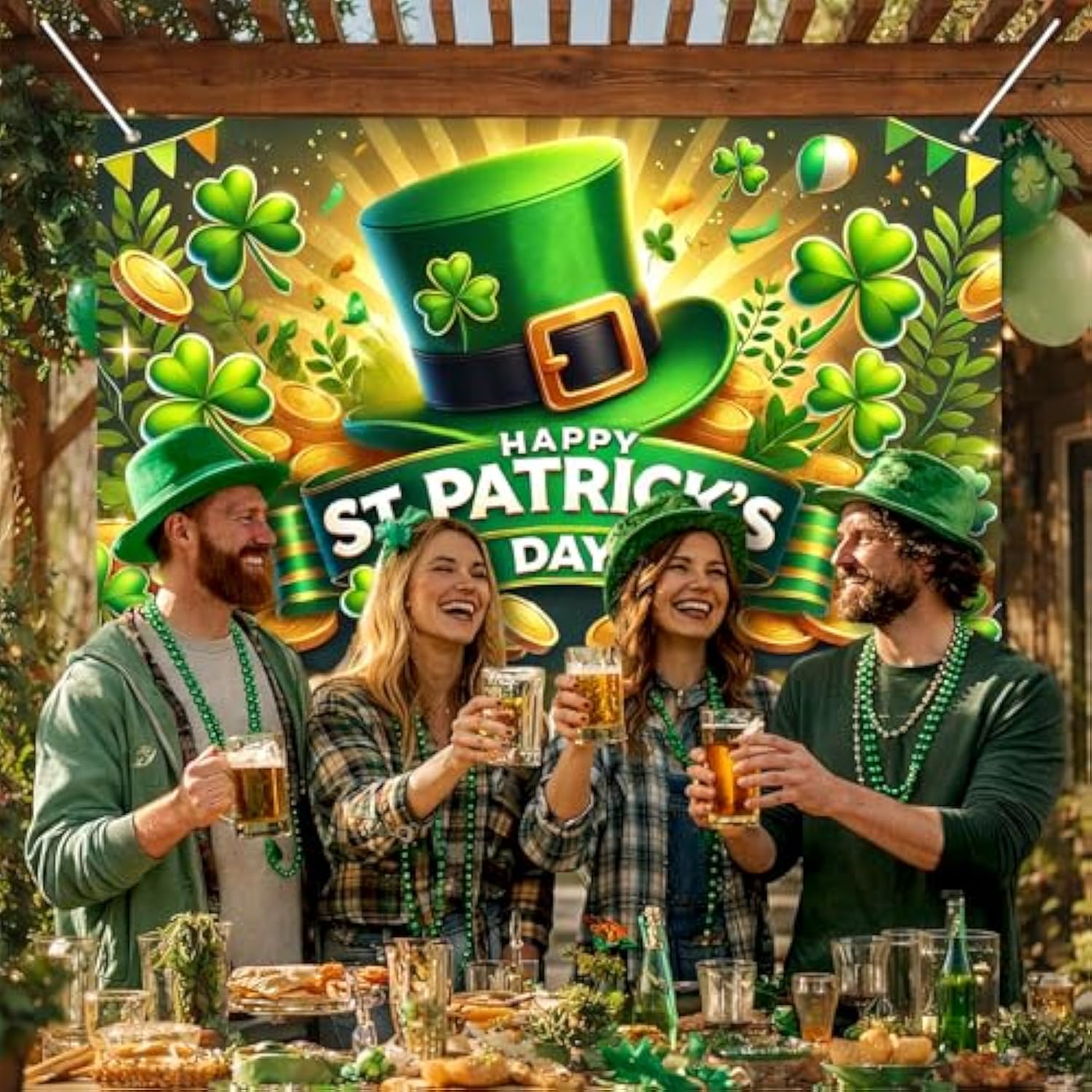 St. Patrick'S Day Banner 71X43 Inch Green Party Banner Backdrop With Clover Hat Gold Coins Happy St. Patrick'S Day Text For Holiday Party Decoration Photo Background Wall Hanging