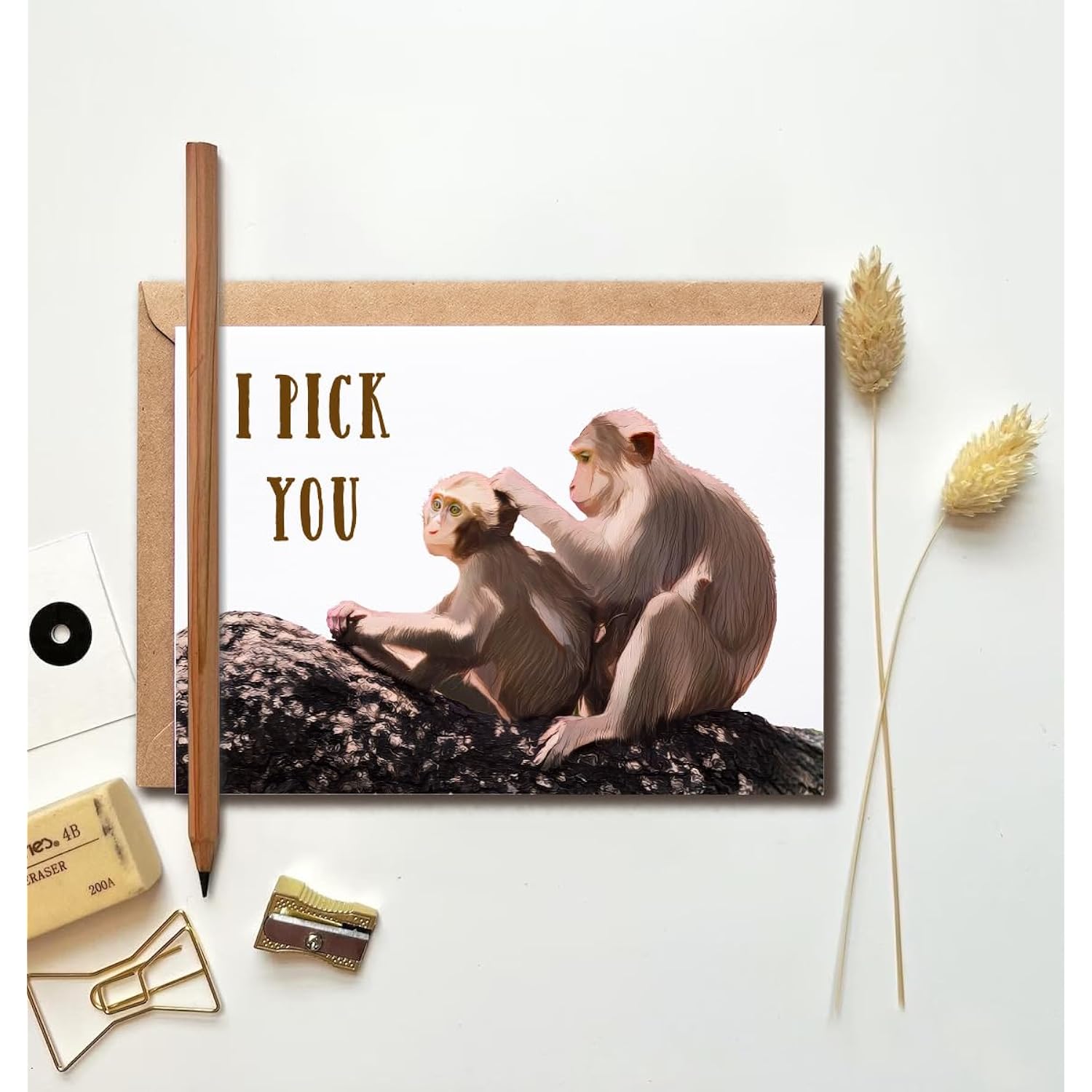 Romantic Watercolor Monkey Card - Funny Valentines Cheers Card - I Pick You Fun Card - Cute Watercolor Love Card, White