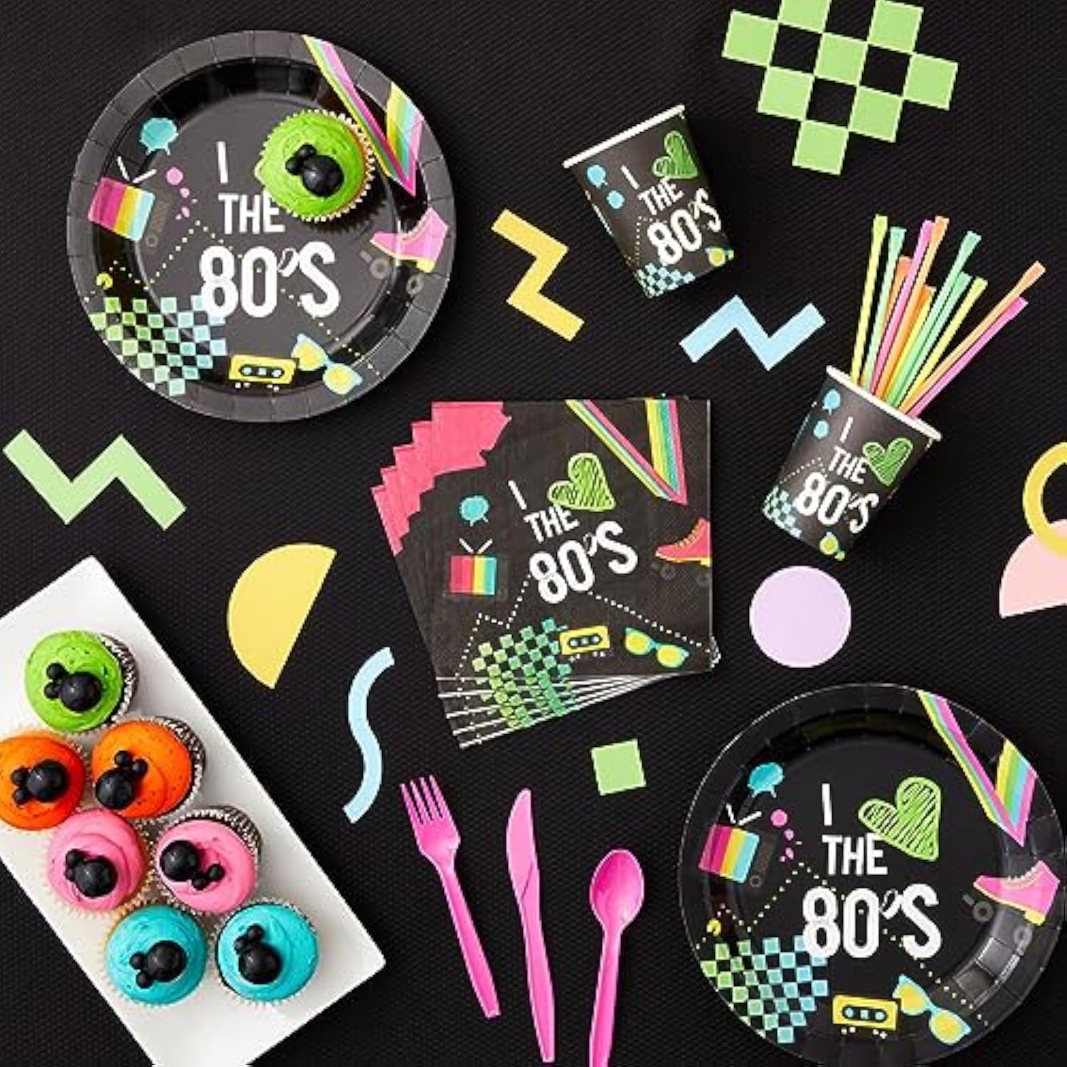 Serves 24 80S Birthday Party Decorations, Includes Plates, Napkins, Cups, And Cutlery, Back To The 80S Neon Party Supplies Pack, I Love The 80S Decor (144 Pieces Total)