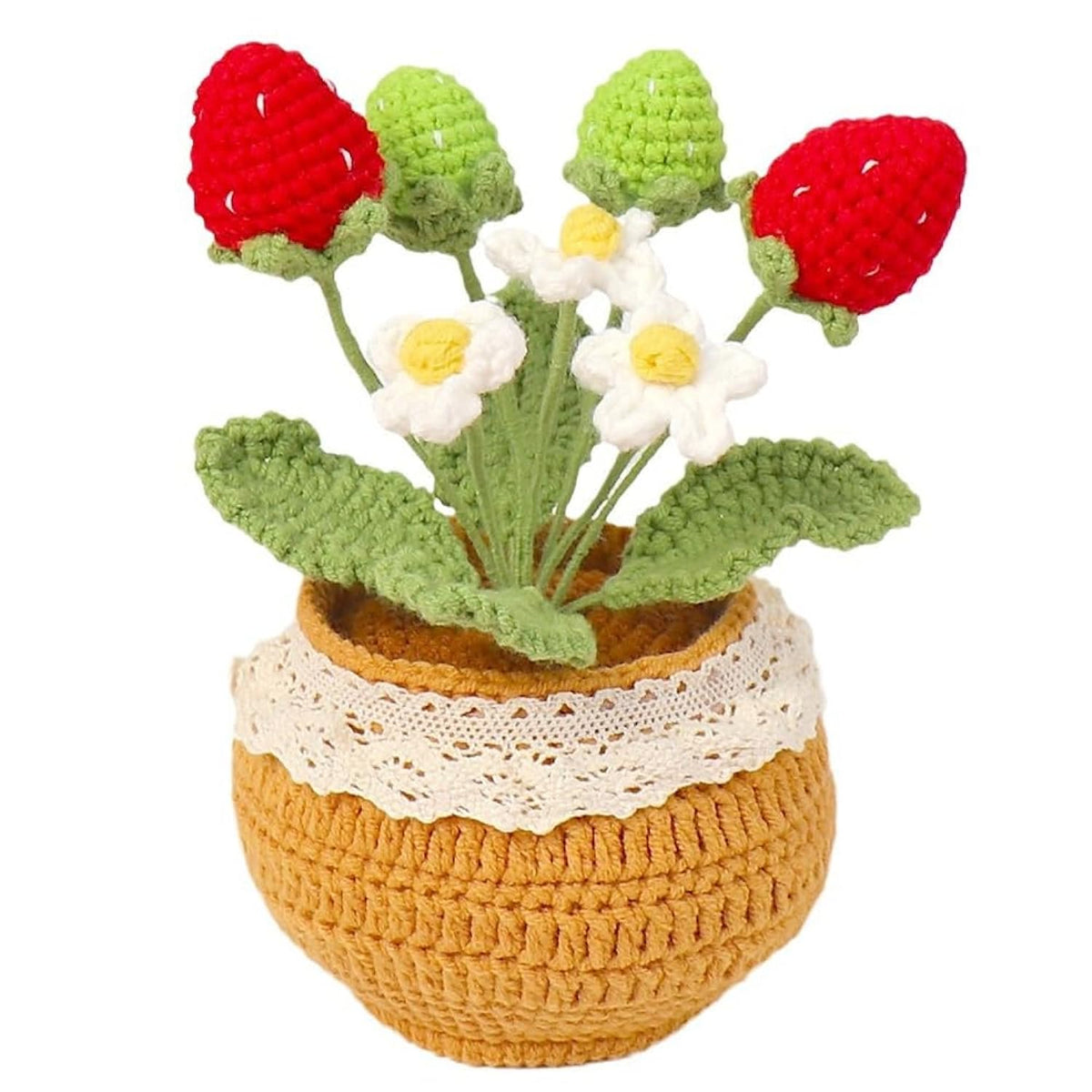 5.8" Knitting Crochet Flowers Potted Plants Artificial Strawberry Handmade Flowers For Friends Tabletop Living Room Home Decoration Car Dashboard Party Christmas Stocking Stuffers (Red)