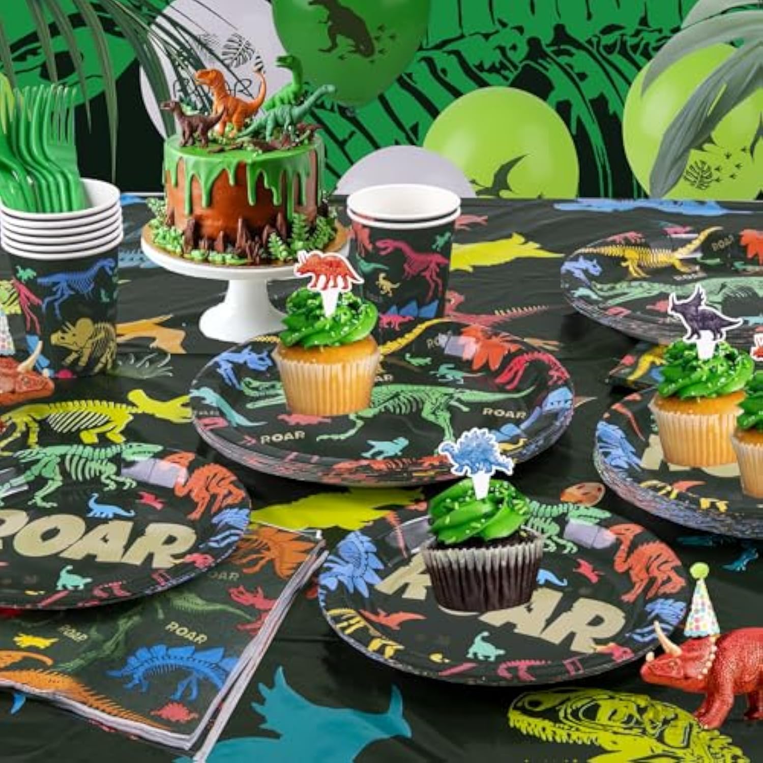 164 Piece Dinosaur Birthday Decorations Kit, 24 Serves Dinosaur Party Decorations With Trex Banner, Plates, Cups, Napkins, Forks, Tablecloth For Dino Themes Party Supplies For Boys