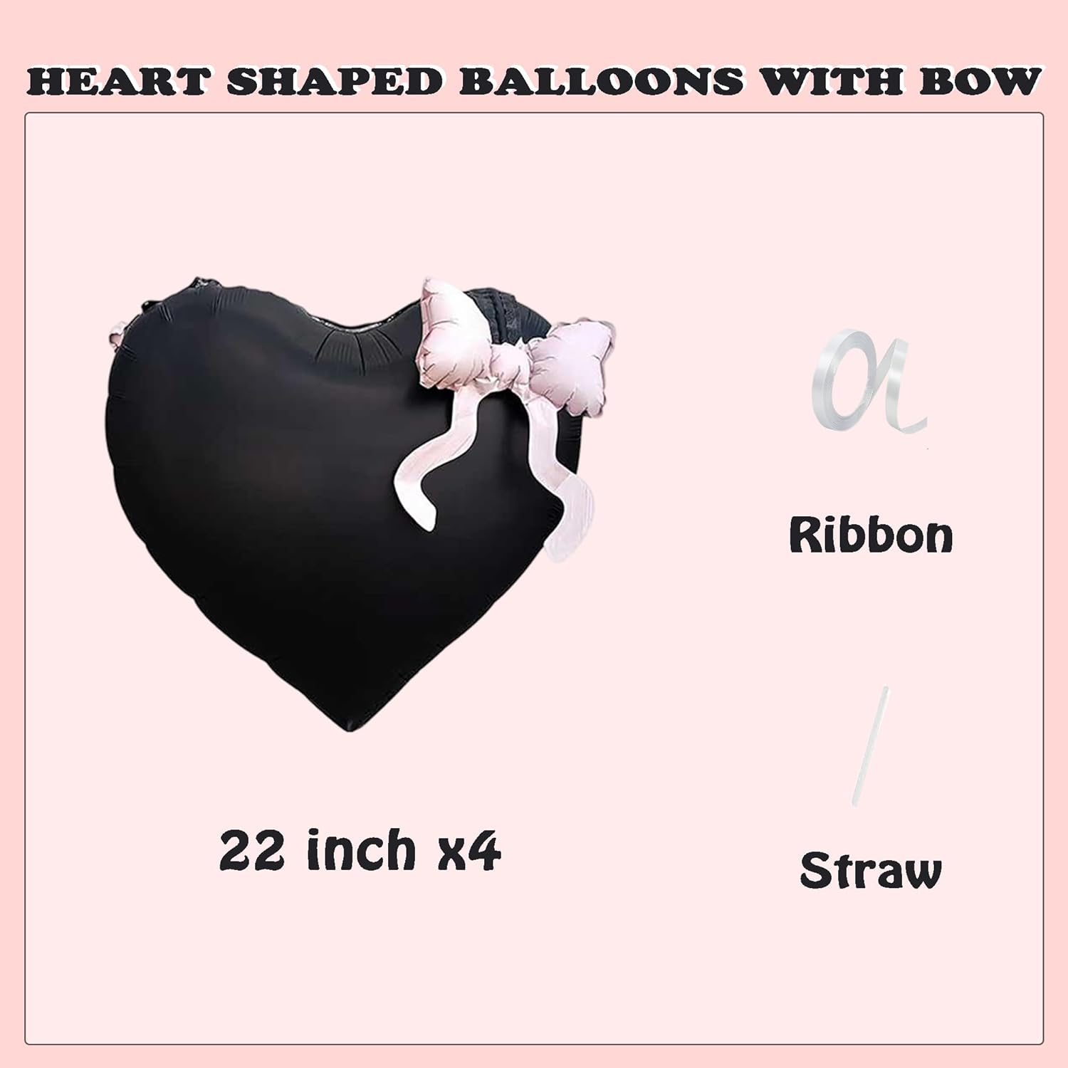 Black Heart Shaped Foil Balloons With Light Pink Bow Valentines Day I Love You Goth Themed Balloon Decor For Happy Boyfriend Birthday Anniversary Romantic Party Decorations Special Night For Him Men