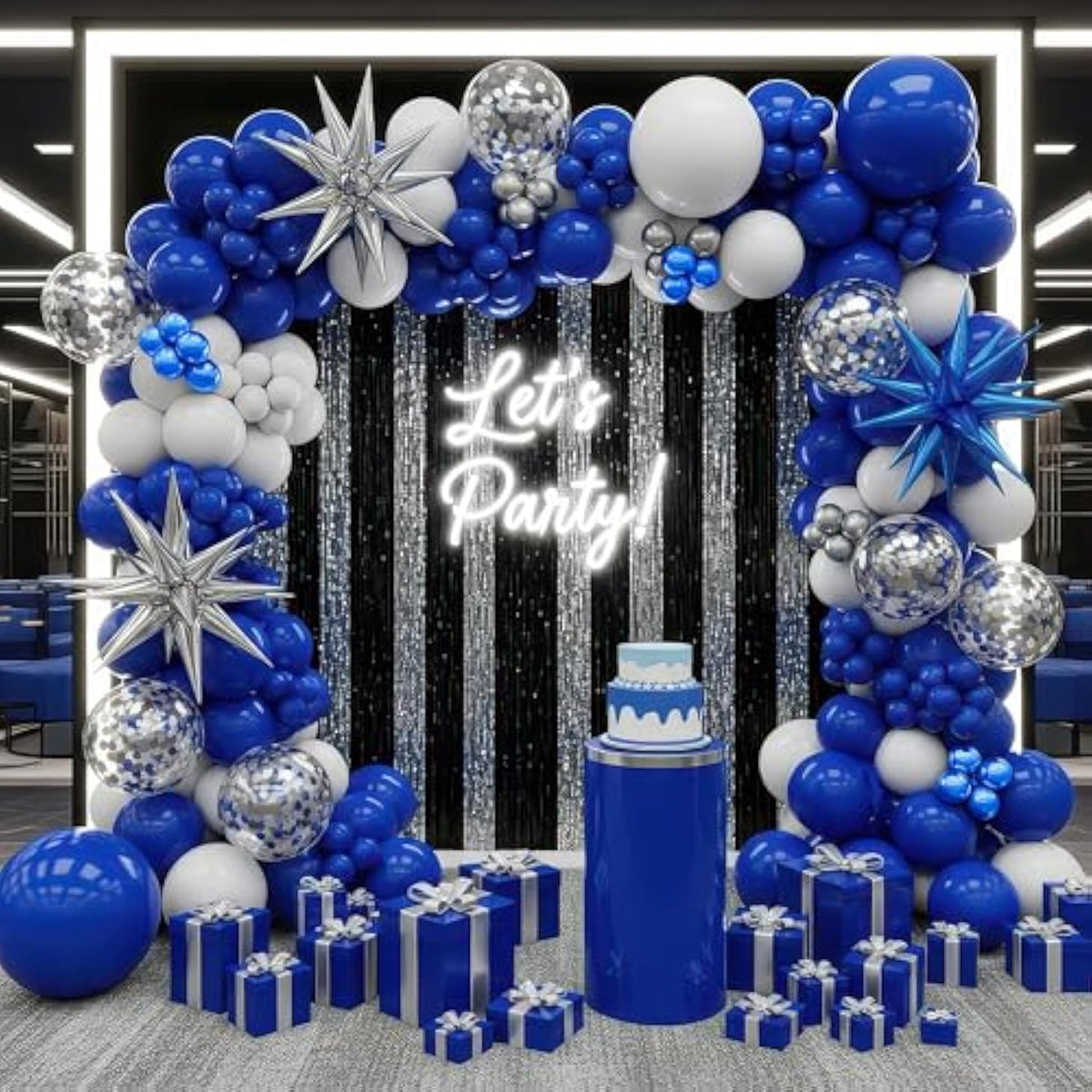 Royal Blue Balloon Garland Kit: Metallic Starbursts, Graduation Party Decor