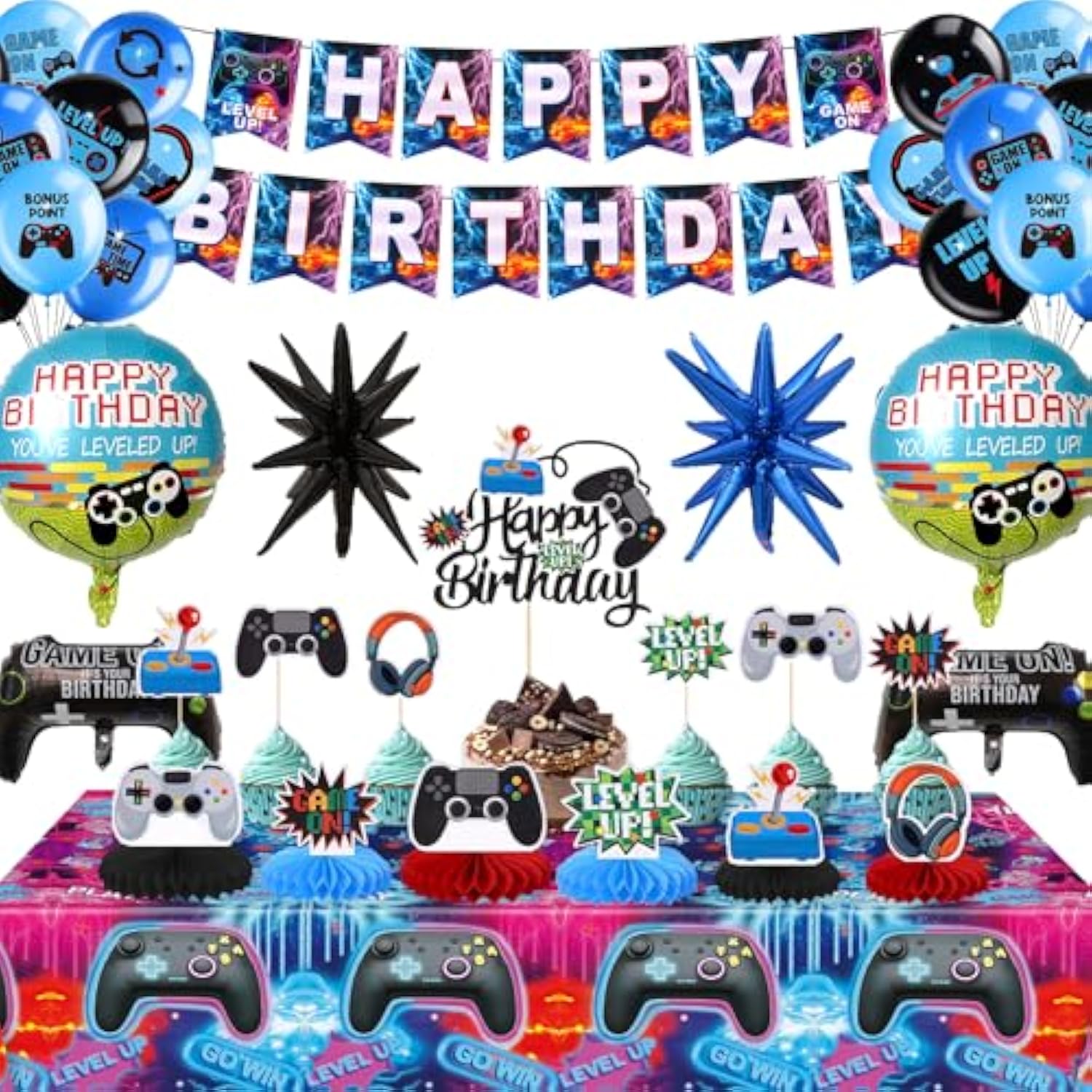 Video Game Happy Birthday Decorations - Game Party Decorations Supplies With Banner, Honeycomb Table Centerpieces, Tablecloth, Cake Toppers, Video Game Balloons For Boys Birthday Gamer Party