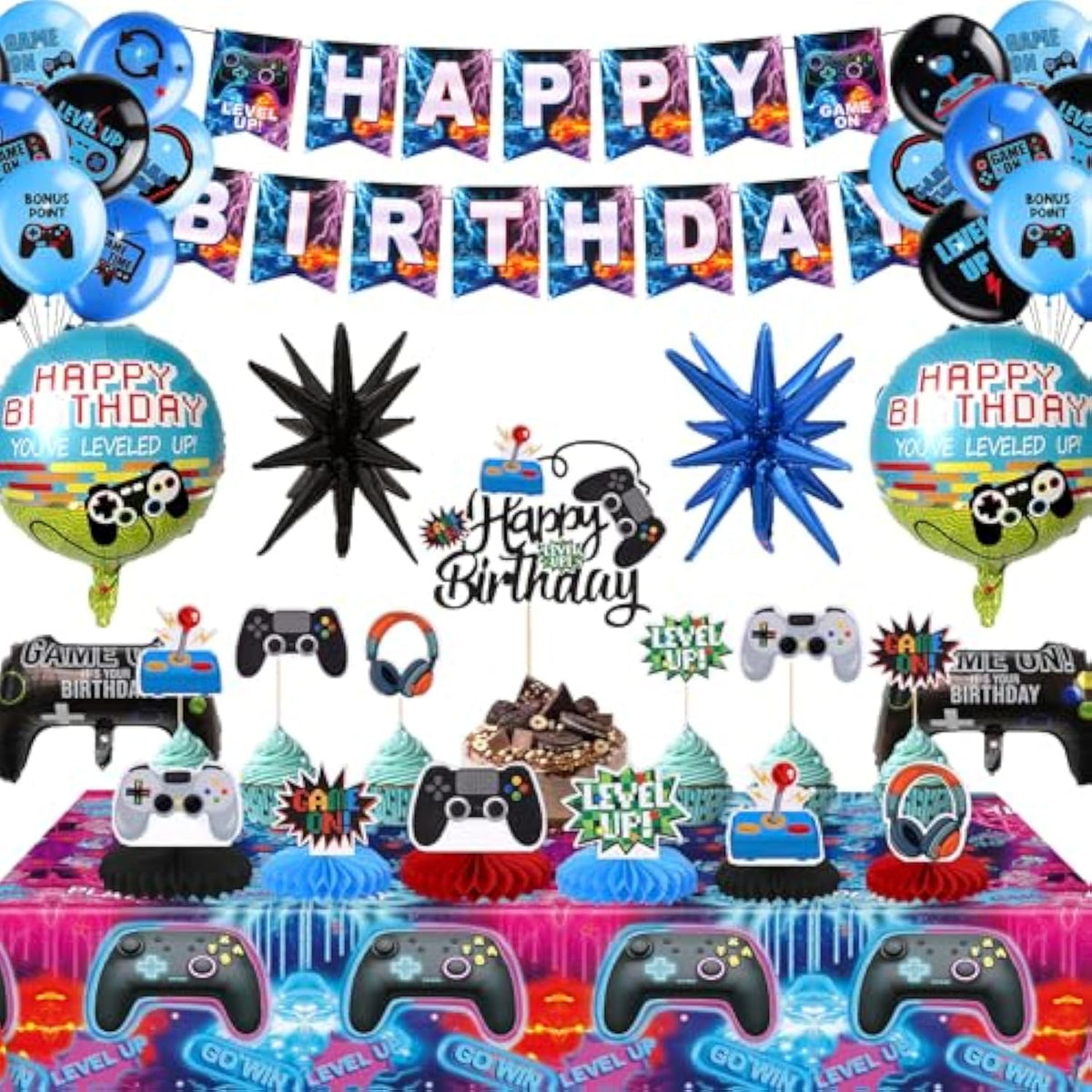 Video Game Happy Birthday Decorations - Game Party Decorations Supplies With Banner, Honeycomb Table Centerpieces, Tablecloth, Cake Toppers, Video Game Balloons For Boys Birthday Gamer Party
