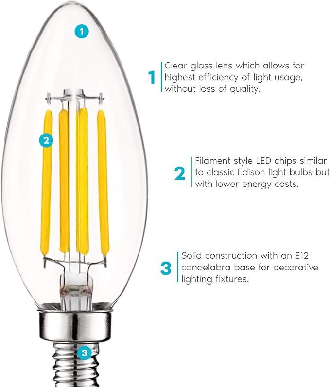 Vintage Candelabra LED Bulb 60W Equivalent 550LM 3000K Warm White E12 Base 6 Pack