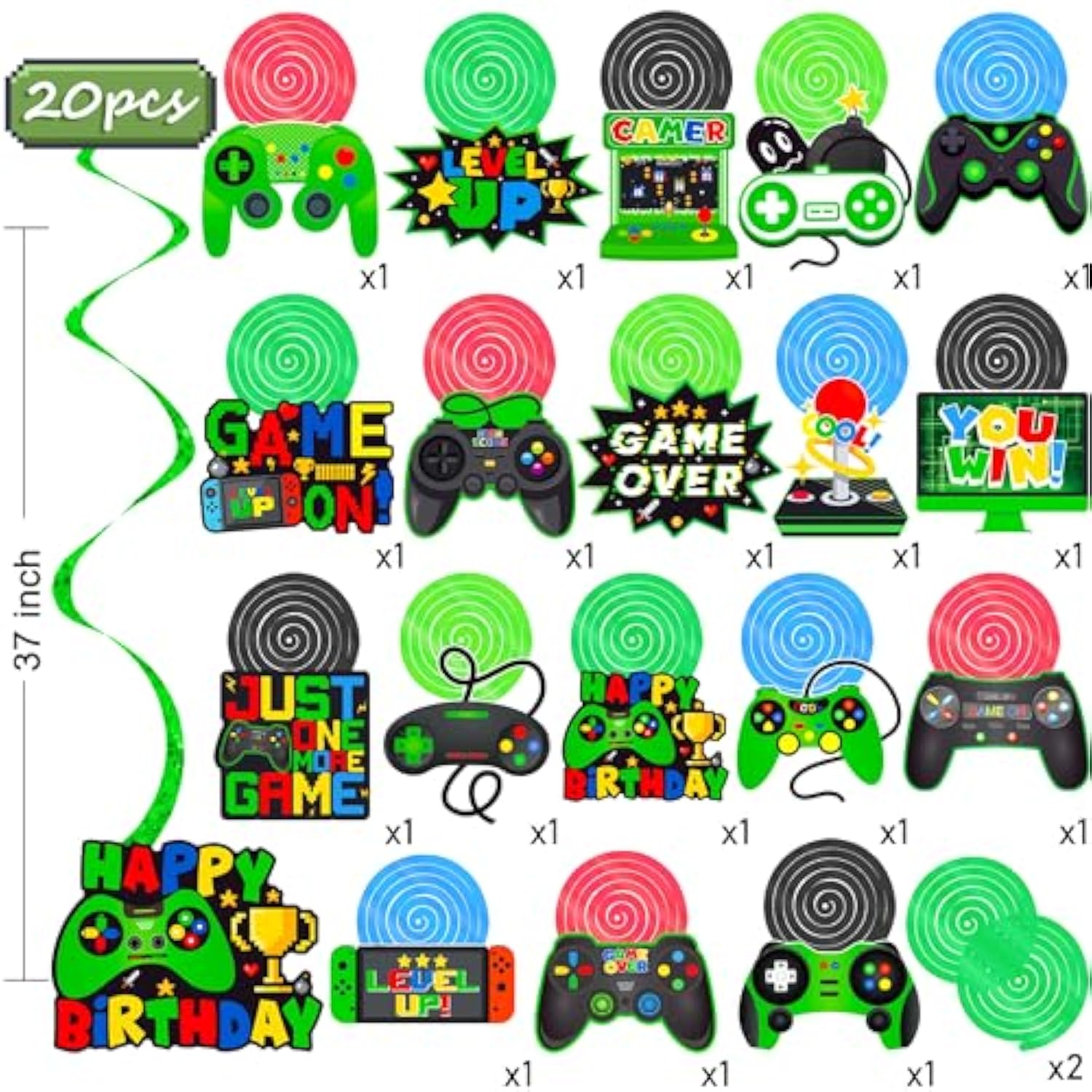 Green Video Game Hanging Swirls 20Pcs Gamer Birthday Party Decorations Game On Birthday Hanging Decoraiton Gaming Ceiling Streamers For Game Level Up Party Supplies