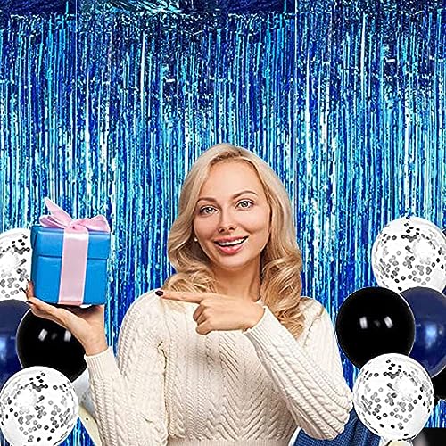 2 Pcs Blue Door Streamers Tinsel Curtain Party Backdrop Fringe Foil Wall Background for Birthday Halloween Christmas Wedding Boys Baby Shower Party Decoration(3.28 ft x 6.56 ft)