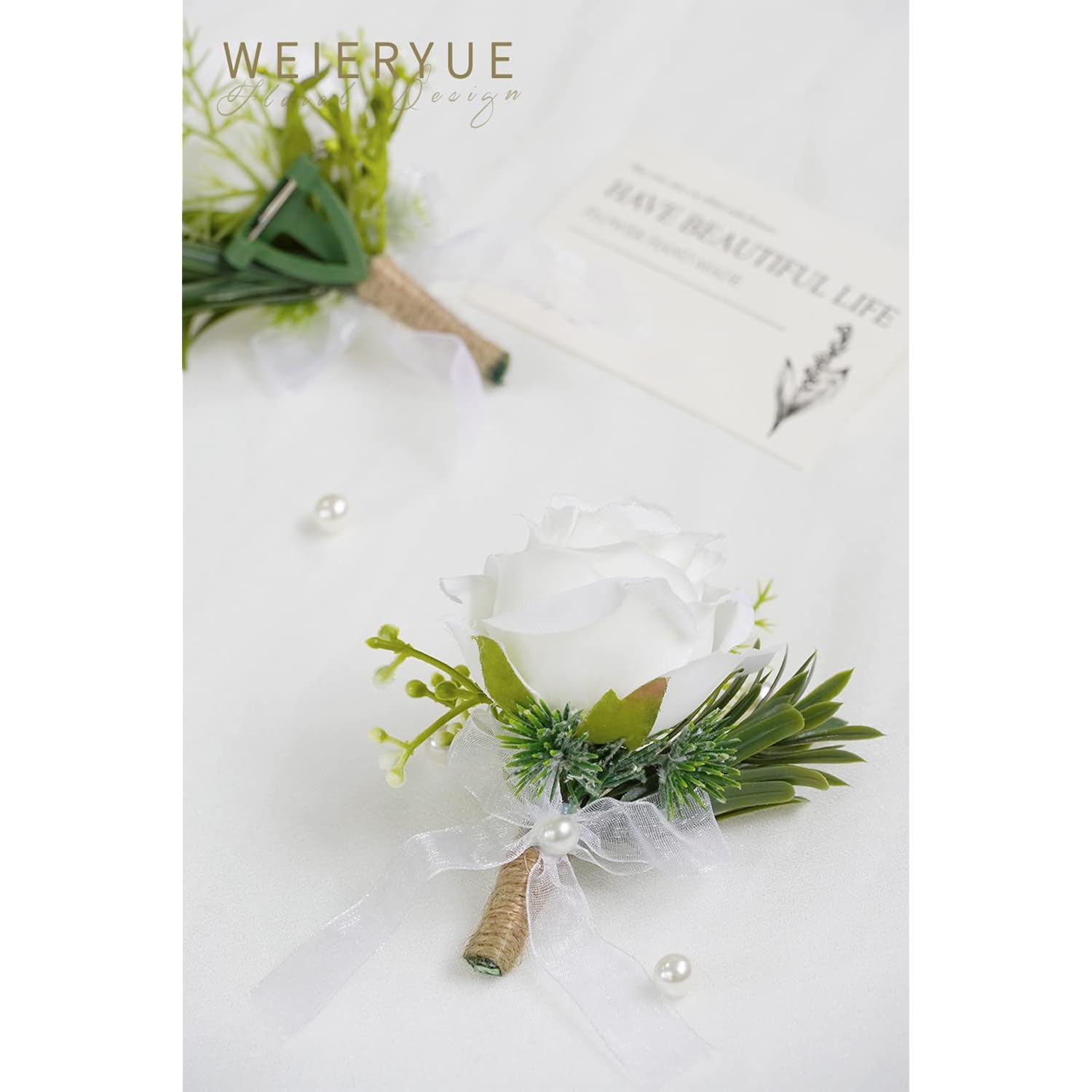 Artificial Flowers White Rose Wrist Flowers And Men'S Corsage Wedding Flowers Ceremony (4Pcs White Corsages)