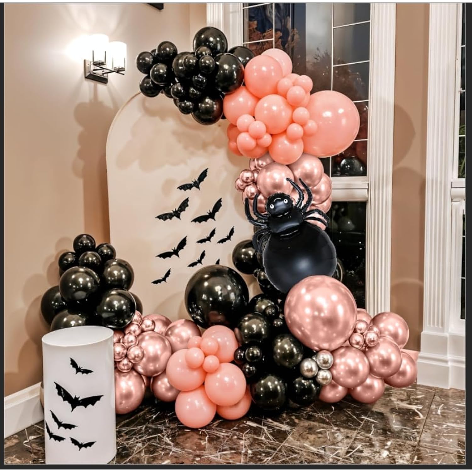 Halloween Balloon Arch Kit – Black Pink Rose Gold with Spider & Bat Decorations