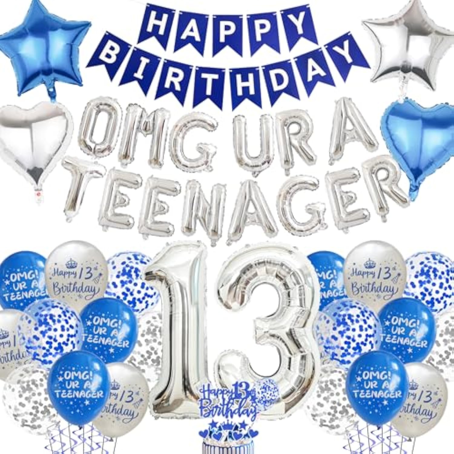 13Th Birthday Decorations For Boys - Teenager Party Supplies Blue Silver Happy Birthday Banner, Omg Ur A Teenager Foil Balloons Number 13 Balloon Cake Topper For 13 Year Old Teen