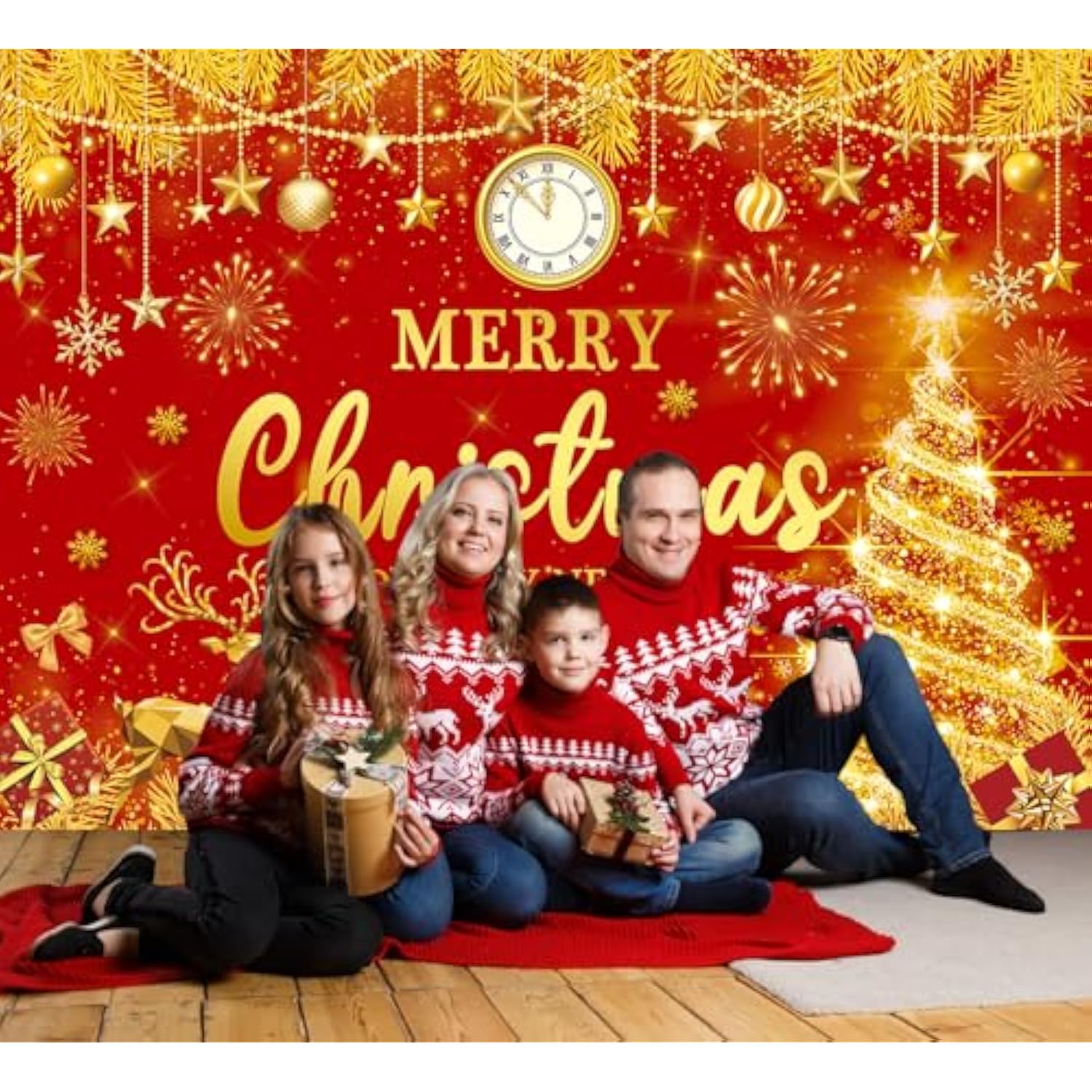 Merry Christmas Happy New Year Backdrop 8x6ft Red & Gold Party Banner