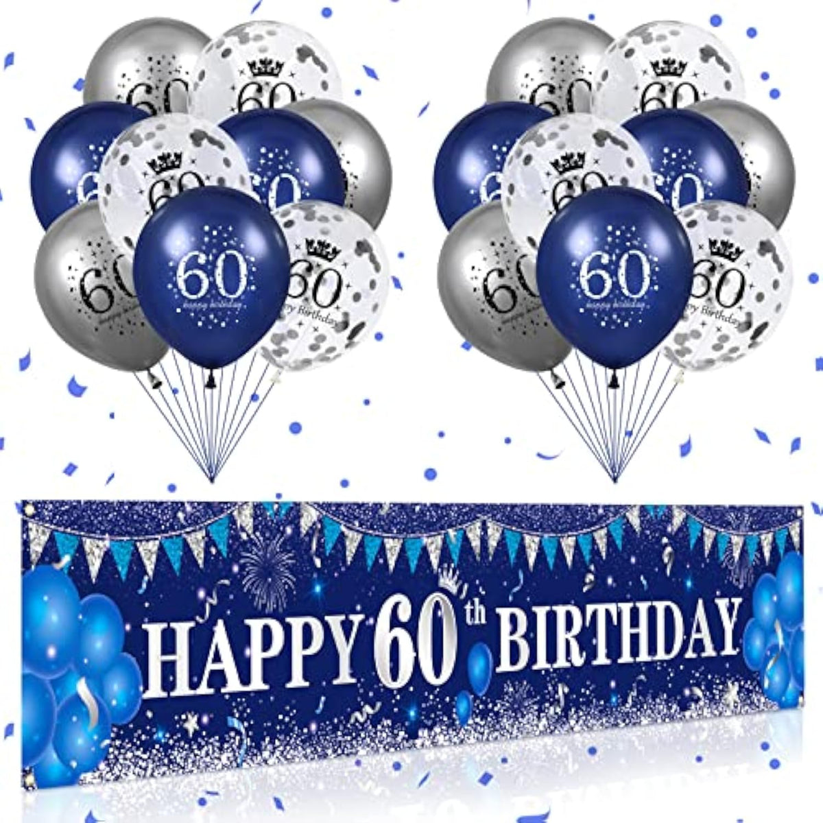 Navy Blue Silver Happy 60Th Birthday Yard Banner, Blue 60Th Birthday Balloons For Anniversary Party Decorations