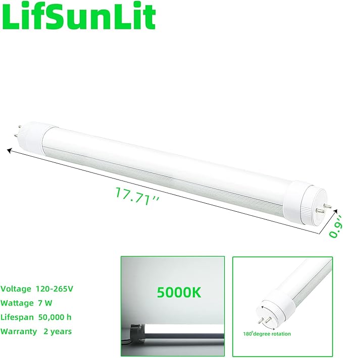 2 Pack F15T8 LED Tube Lights 18 Inch 7W 5000K Daylight White Rotatable End Caps Frosted Cover