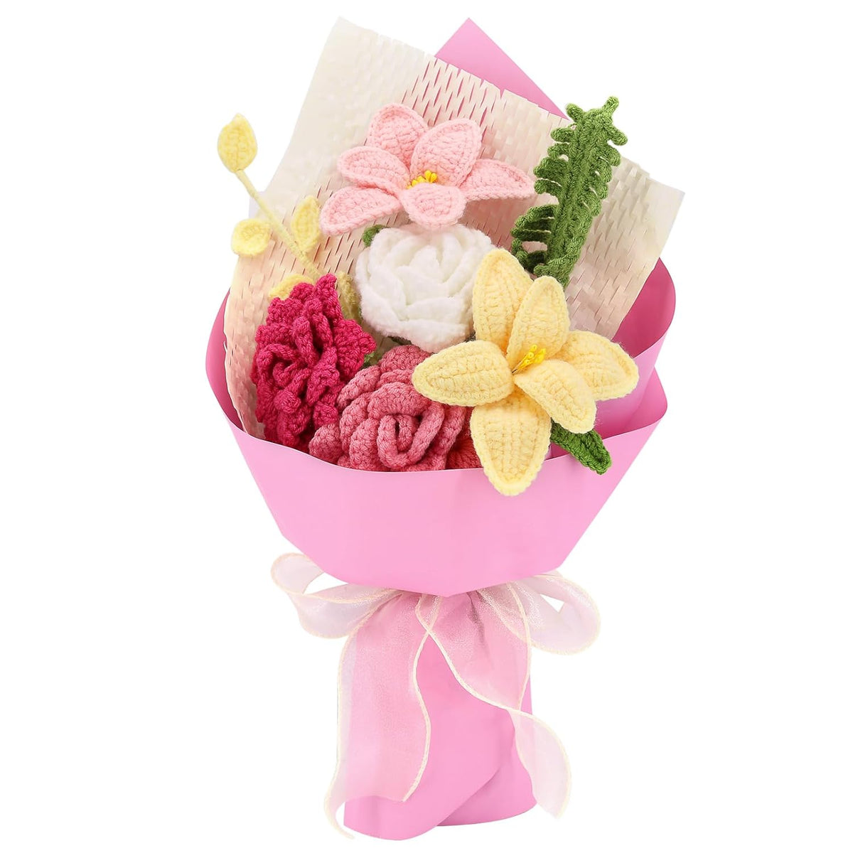 Crochet Flowers Finished Bouquet Crocheted Cotton Thread Flowers, Handmade Crochet Rose Tulip Fern Leaf As A Gift For Lover, Friends. Artificial Flower (Pink)